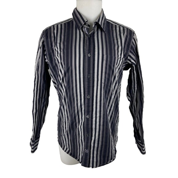 Bugatchi Uomo Men Large Button Front Shirt Black Gray Stripe Flip Cuff - Picture 1 of 9